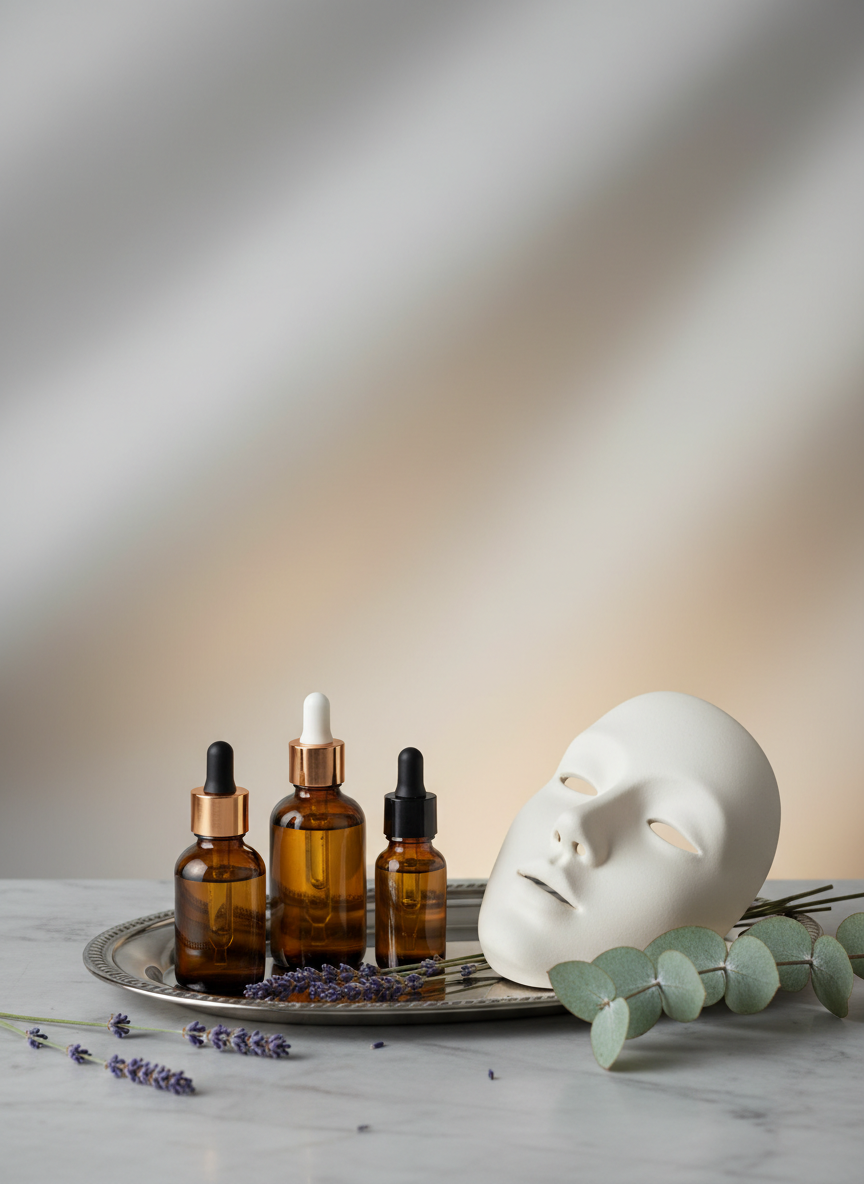 A polished silver tray holding amber glass bottles of facial serums and a sculpted white ceramic mask, arranged with sprigs of fresh lavender and eucalyptus, set atop a cool-toned matte marble counter. Behind, a muted backdrop with soft gradient transitions from pale greys to warm taupes enhances the visual tranquility. Ambient side lighting creates dimensional highlights and delicate soft shadows, subtly emphasizing the contours and elegant materials. Captured at a close-up, slightly off-center perspective, the image delivers refined detail and minimalist styling. The mood is serene and nurturing, evoking a sense of holistic wellness while embodying premium spa service aesthetics.