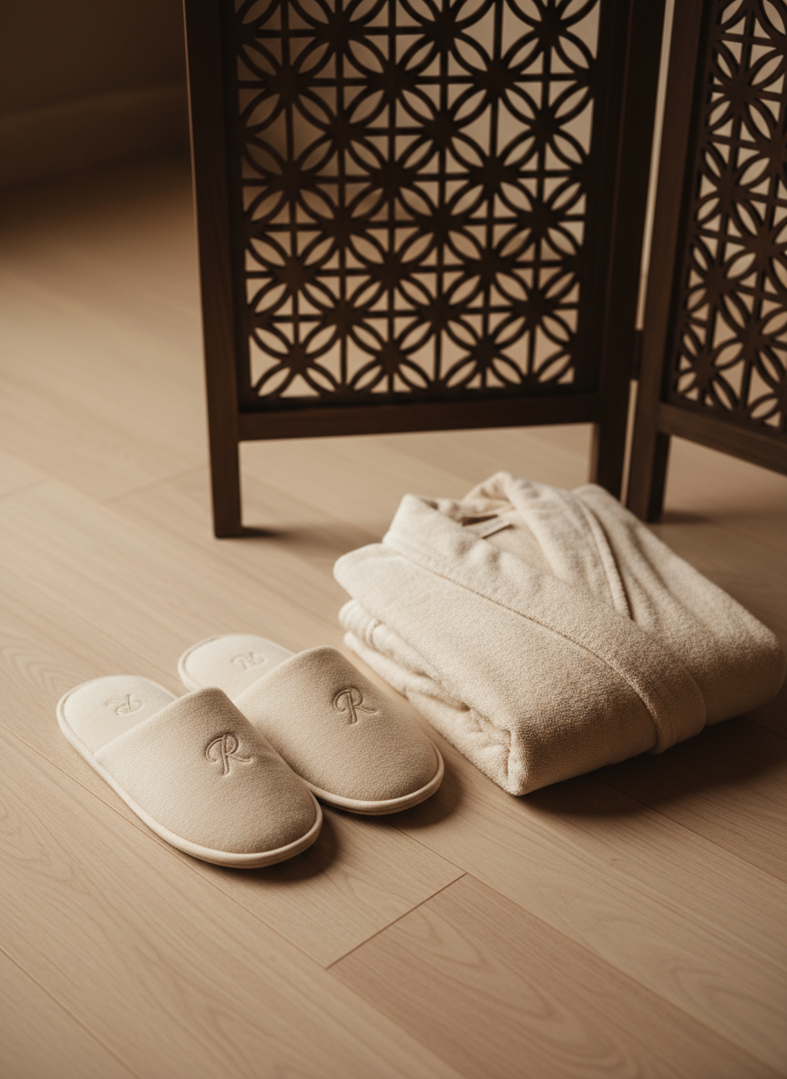 A set of plush beige slippers with a subtle embroidered logo, neatly paired beside a matching bathrobe folded with precise lines, all resting on gently grained wooden flooring. In the background, a carved wooden screen with an intricate geometric pattern is softly out of focus, hinting at privacy and exclusivity. Soft overhead lighting bathes the fabrics and wood in a gentle, warm glow, accentuating the tactile softness and quality materials. The composition is arranged with an asymmetrical balance shot at a gentle overhead angle, creating a layered depth that draws the viewer into the refined, restful atmosphere. The mood is calm, exclusive, and sophisticated with a photographic, minimalist approach.