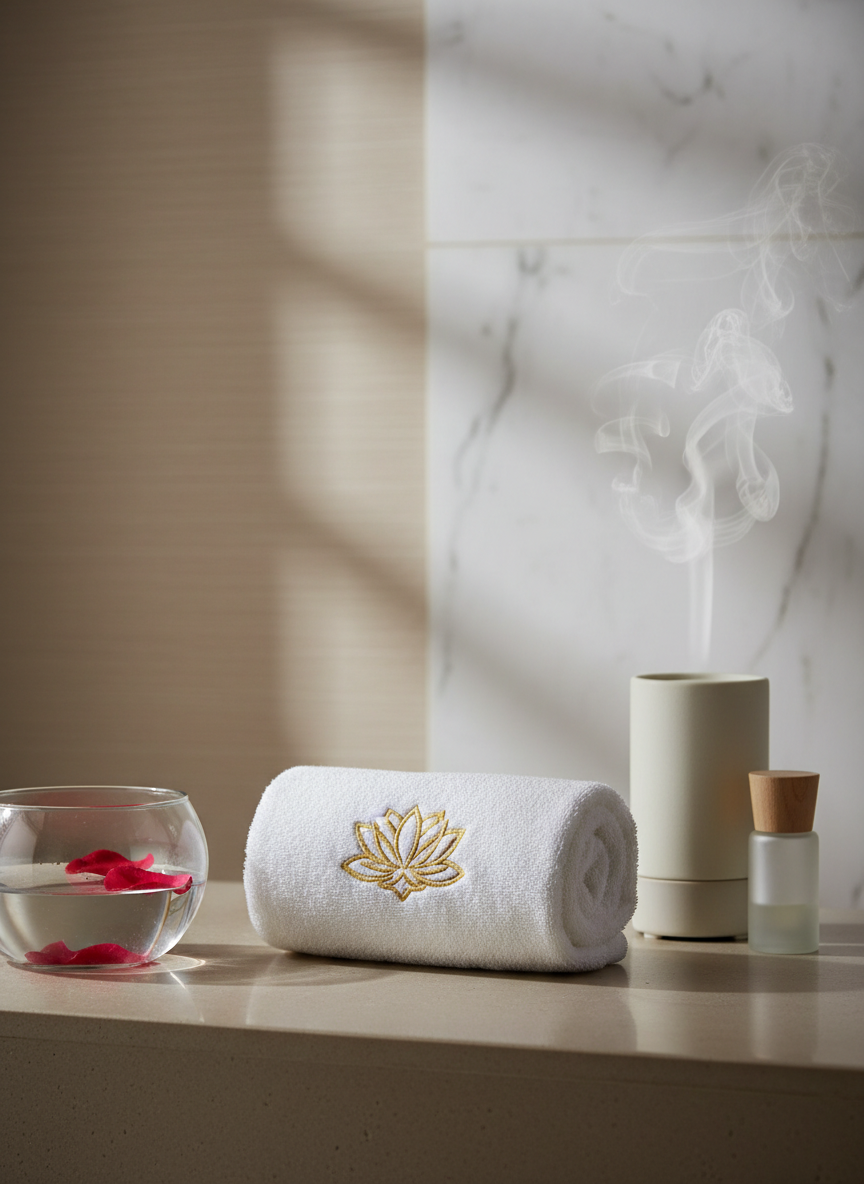 A luxurious rolled white towel with an embroidered gold emblem rests atop a smooth taupe stone surface, surrounded by minimalist spa essentials including a clear glass bowl of water with floating rose petals, and a pale ceramic diffuser releasing wisps of gentle steam. The setting is a softly lit treatment room with subtle, muted beige walls and delicate marble accents in the background. Ambient, diffused lighting filters in, creating smooth gradients of light and gentle shadows for an understated, soothing glow. The composition uses an eye-level perspective with centered, minimalist framing and a slight vignette, emphasizing relaxed sophistication and refined tranquility. Photographic realism with minimalist elegance supports the spa’s sophisticated branding and luxurious atmosphere.