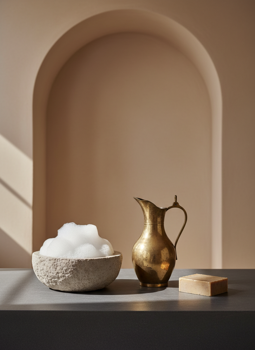 A minimalist Moroccan-inspired hammam setting featuring a textured stone bowl filled with fluffy white suds, beside an artisan brass pitcher and a slab of creamy savon noir soap on a smooth slate counter. The environment is accented by an arched alcove wall washed in gentle, diffused light, with soft neutral tones and subtle gold reflections on the metal. The light creates luminous highlights and gentle shadow play across the scene. Shot at eye-level, the composition uses elegant negative space and sharp, clean focus to enhance the luxurious, tranquil feeling. The photographic style is sophisticated and understated, ideal for showcasing specialty spa rituals in a modern luxury context.