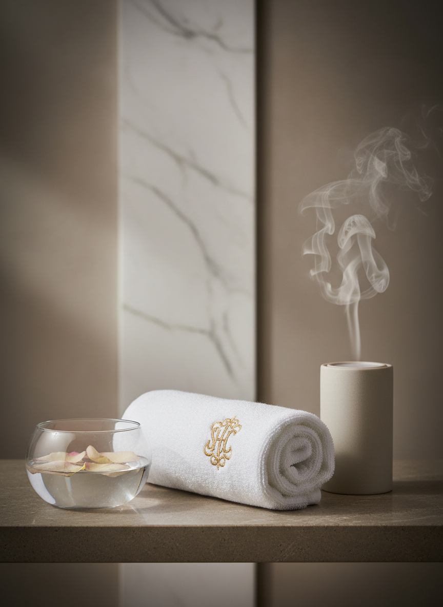 A luxurious rolled white towel with an embroidered gold emblem rests atop a smooth taupe stone surface, surrounded by minimalist spa essentials including a clear glass bowl of water with floating rose petals, and a pale ceramic diffuser releasing wisps of gentle steam. The setting is a softly lit treatment room with subtle, muted beige walls and delicate marble accents in the background. Ambient, diffused lighting filters in, creating smooth gradients of light and gentle shadows for an understated, soothing glow. The composition uses an eye-level perspective with centered, minimalist framing and a slight vignette, emphasizing relaxed sophistication and refined tranquility. Photographic realism with minimalist elegance supports the spa’s sophisticated branding and luxurious atmosphere.