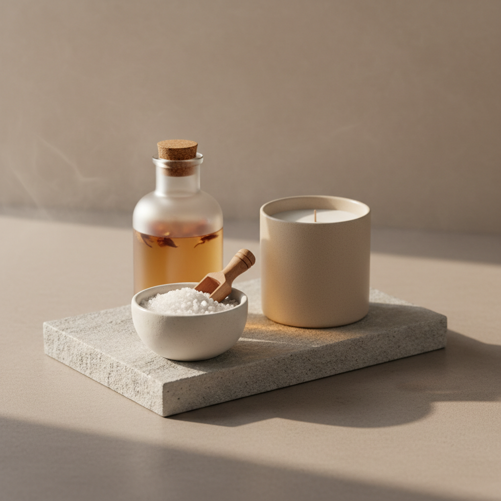 An assortment of carefully arranged spa products, including a frosted glass bottle of aromatic oil, an elegant matte-finish candle, and a small white ceramic bowl of fine-salt granules, all placed on a light grey stone tray. The backdrop reveals a seamless soft mist that blurs elegantly into the muted background palette of sandy beige. Warm indirect lighting highlights the subtle gradations on each product, casting delicate, elongated shadows. Shot from slightly above at a diagonal angle, using rule of thirds, the composition is balanced but minimalist, reflecting a serene, high-end spa ambiance rooted in clean refinement and quiet opulence. The photographic style delivers subtle texture and understated detail, in perfect harmony with luxury spa services.